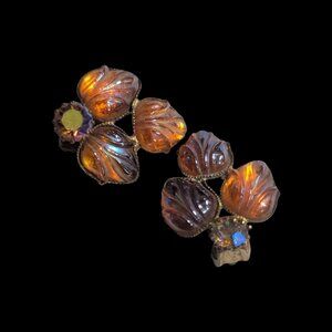 Vintage West Germany Amber Glass Clip-On Earrings Floral Design 1.25" Rhinestone